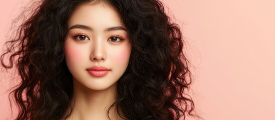 Naklejka premium Portrait of an elegant Asian woman with curly hair against a soft pink background ideal for text placement and promotional use.