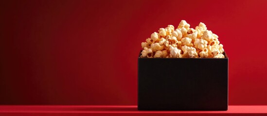 Freshly popped popcorn in a sleek black box against a vibrant red backdrop perfect for snack advertising or movie-themed promotions.