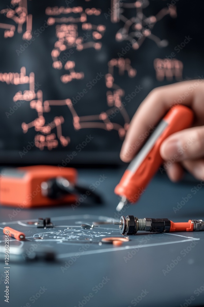 Poster minimalist educational tech workspace hands on circuit board and orange multimeter - interactive ste