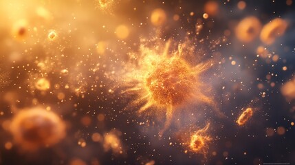 Fototapeta premium A dreamy scene of tiny particles gently floating, highlighted by a soft light on a dark background. 