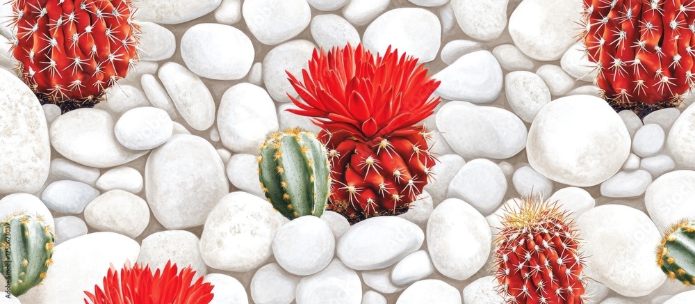 Poster red cacti amidst white pebbles creating a seamless decorative pattern for backgrounds and designs.