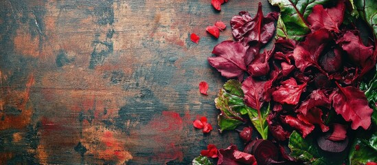 Red beets and Swiss chard leaves on a rustic wooden background showcasing vibrant colors and natural textures