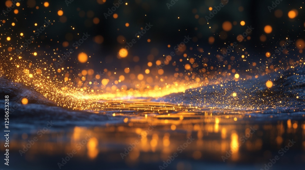 Poster a dreamy scene of tiny particles gently floating, highlighted by a soft light on a dark background