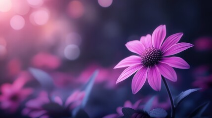 Purple Echinacea flowers with a blurred dark background creating a dreamy and vibrant garden atmosphere in close-up view.