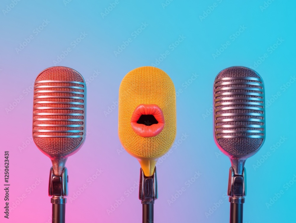 Poster vibrant retro microphone display bold lips over diverse styles on gradient background - dynamic medi