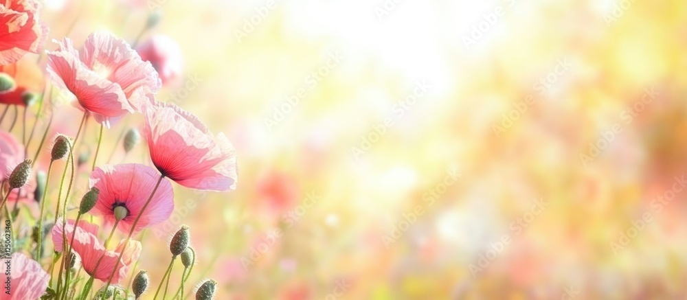 Poster vibrant poppies blooming in a sunlit glade with soft bokeh background and ample space for text or gr