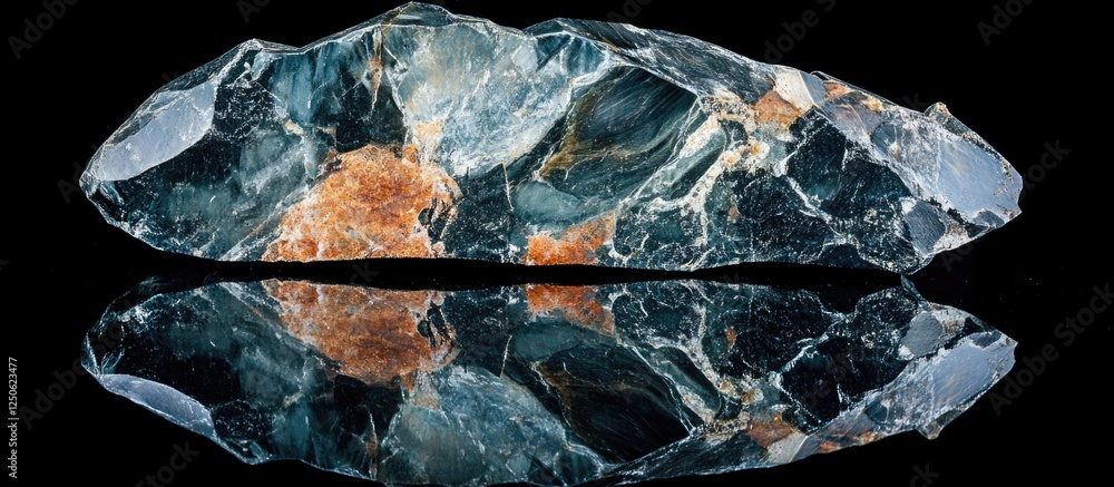 Poster polished mineral specimen showcasing unique colors and patterns with a striking mirror reflection on