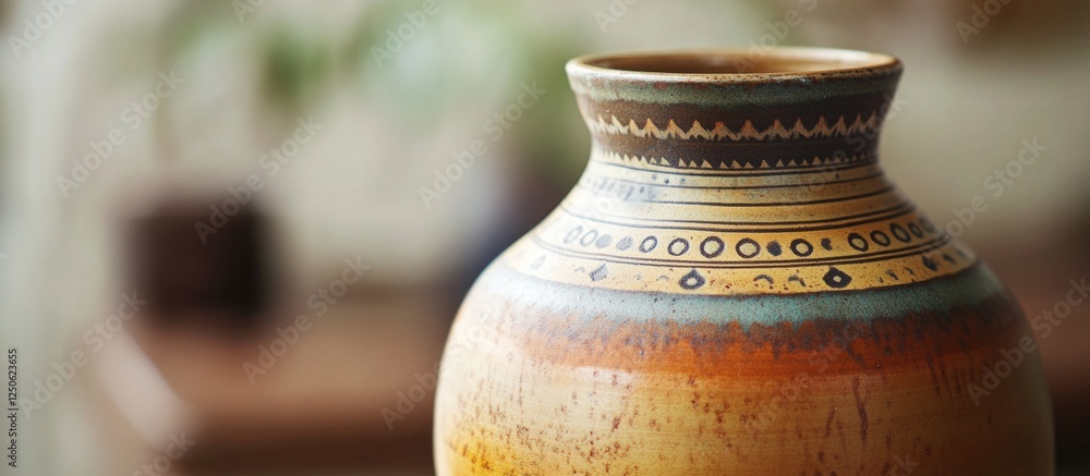 Poster decorative pottery vase with intricate texture and warm colors displayed against a softly blurred ba