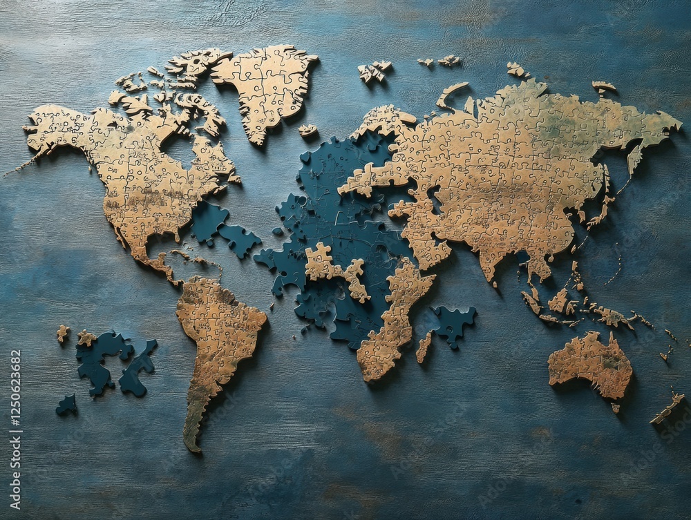 Poster a broken world map in the form of puzzles, with one piece missing.