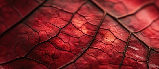 Obraz premium Dramatic close-up of a red autumn leaf texture highlighting intricate veins and natural patterns for seasonal and nature themes