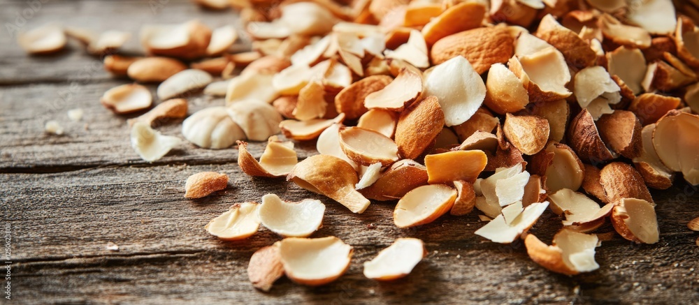 Poster close-up of a mound of peanut shells scattered on a rustic wooden surface creating a textured natura