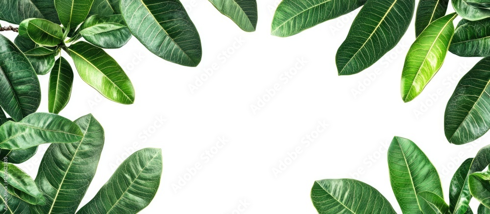 Poster plumeria leaves arranged in a circular frame on a white background with ample copy space for text or