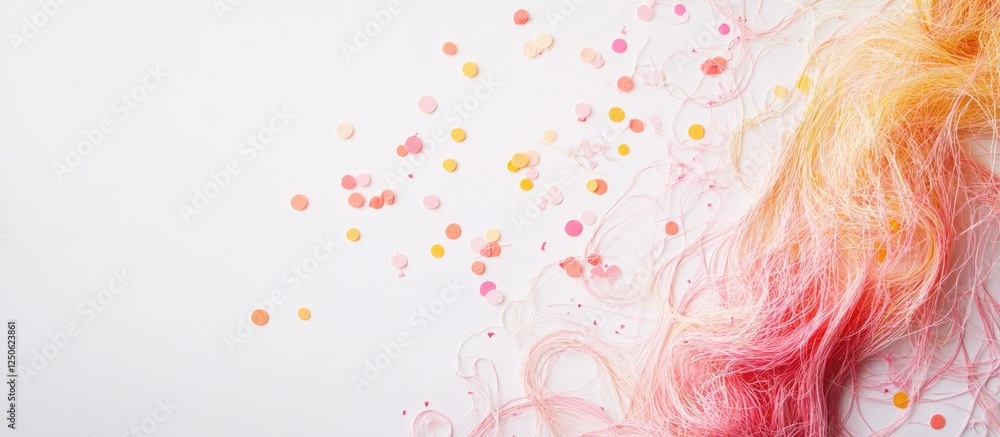 Poster pastel colored confetti and decorative strings on a blank white background suitable for festive anno