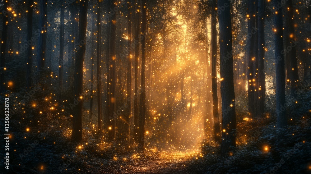 Poster a dreamy scene of tiny particles suspended in the air, creating a magical effect against the dark.
