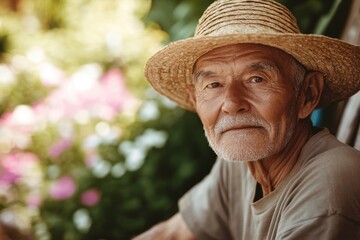 Fototapeta premium Elderly man wearing straw hat sitting outdoors among colorful flowers, reflecting on life experiences and enjoying peaceful moments in a garden setting.