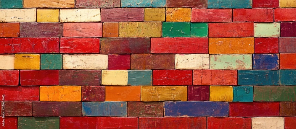 Poster vibrant assortment of colored bricks forming a rustic red brick wall texture suitable for background