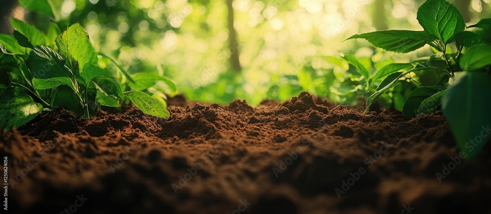 Aufkleber red clay soil surrounded by lush green plants in a natural setting illuminated by soft sunlight crea