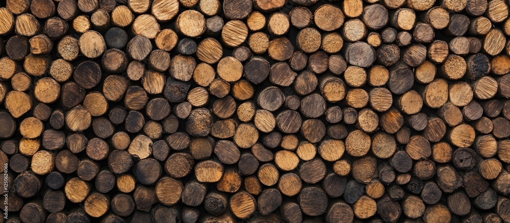 Poster Chopped firewood stacked neatly creating a textured background perfect for rustic themes and outdoor designs.