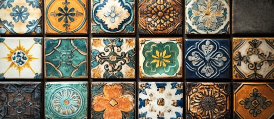 Decorative vintage glazed tiles with intricate patterns in vibrant colors arranged on a wall for an artistic home decor background