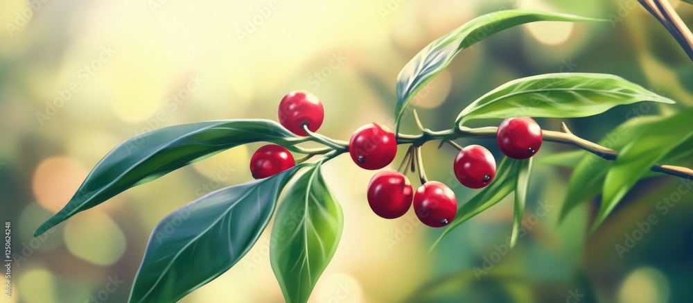 Poster vibrant red berries on a green branch with soft sunlight and blurred background creating a serene na