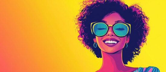 Vibrant portrait of a joyful woman with oversized glasses against a colorful gradient background with space for your text or branding.