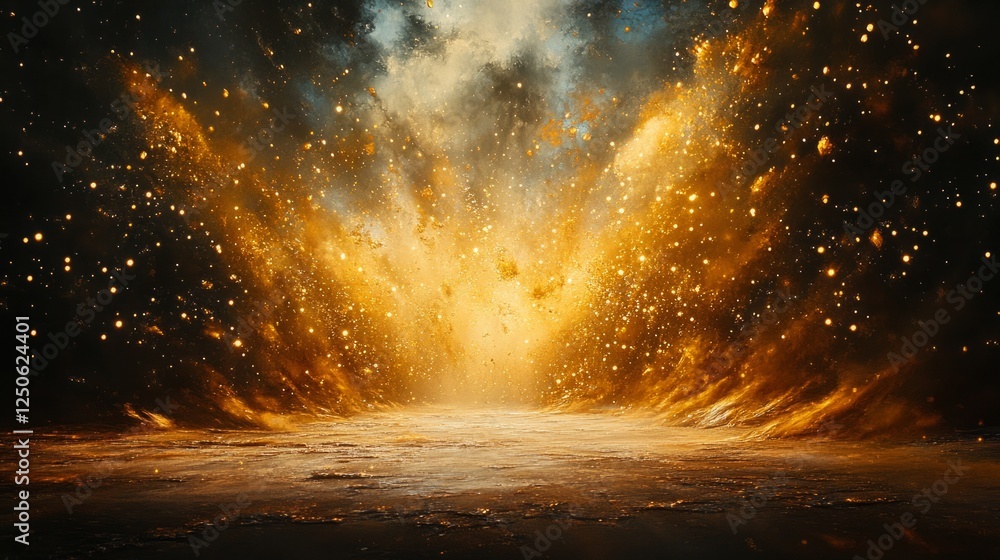 Poster a dreamy scene of tiny particles suspended in the air, creating an ethereal effect against a dark ba