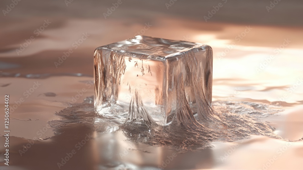 Poster transparent ice cube melting on reflective surface with dripping water in soft light