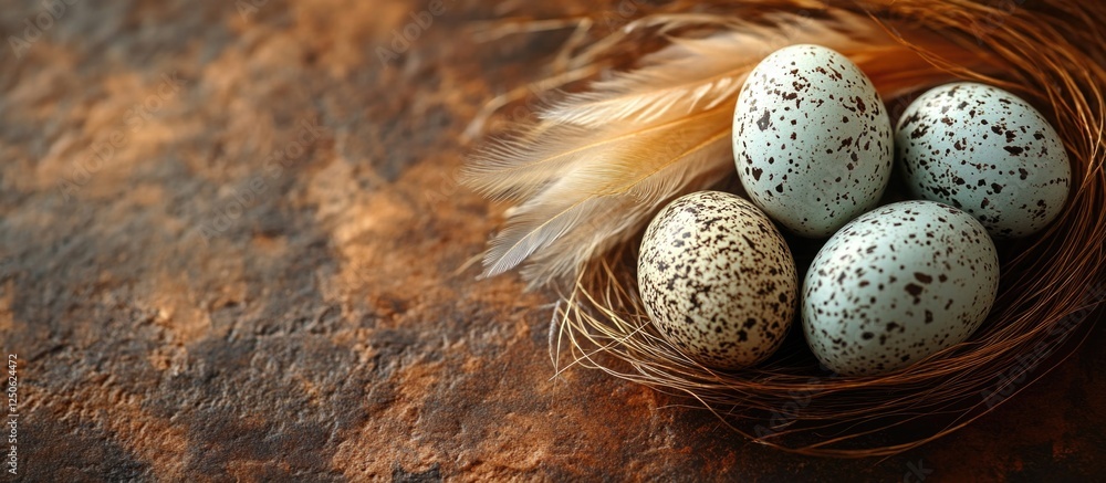 Poster quail eggs nestled in a natural nest with feathers on a rustic brown background for minimalist easte