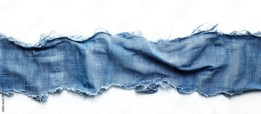 Poster light blue denim fabric with rough uneven edges isolated on white background showcasing textile text