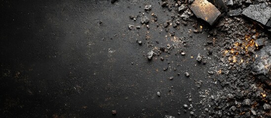 Obraz premium Texture of gray ashes and debris on a dark background after a fire, featuring scattered stones and a grunge aesthetic.