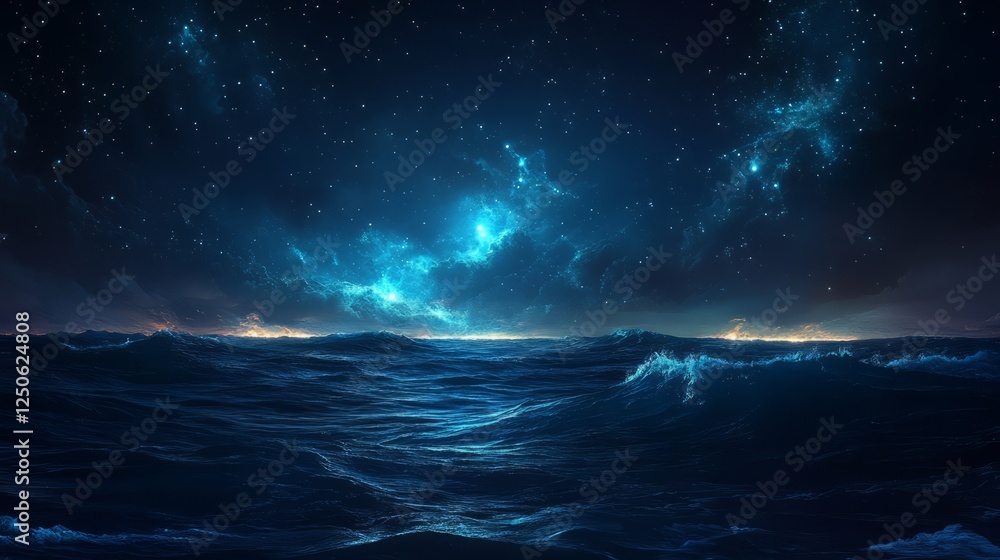 Poster a mesmerizing view of bioluminescent particles glowing in the ocean at night, creating a dreamy effe