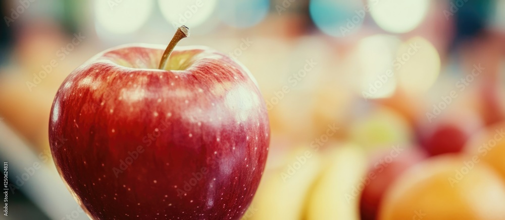 Poster closeup of a vibrant red apple with a blurred background of assorted fresh fruits creating a colorfu
