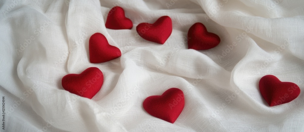 Poster red hearts scattered on white textured fabric creating a romantic background with ample copy space f