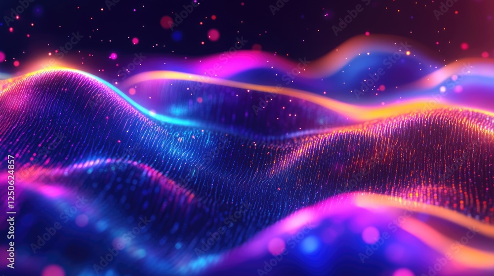 Poster vibrant abstract digital waves with light particles in a colorful gradient background