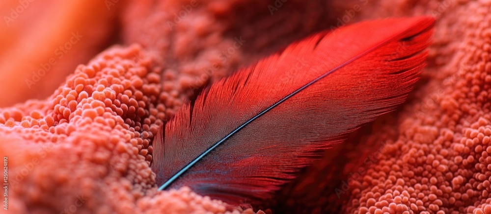 Poster vibrant red feather resting on textured coral background showcasing intricate details and color cont