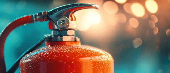 Fire extinguisher close-up in focus with droplets and blurred background. Emergency preparedness, safety equipment, and fire protection for homes and businesses.
