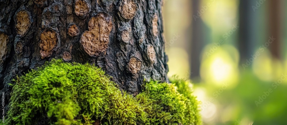 Poster porous tree trunk with moss and blurred forest background showcasing nature's textures and patterns 