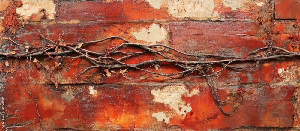 Poster abandoned red brick wall with peeling paint and intertwining dry vines creating a rustic and weather