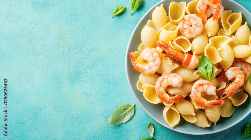 Poster assorted pasta shells and shrimp served in a bowl on turquoise background for food and dining concep