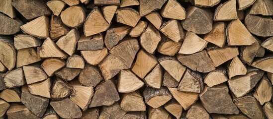 Chopped firewood stacked neatly creating a rustic background suitable for various design projects and outdoor themes.