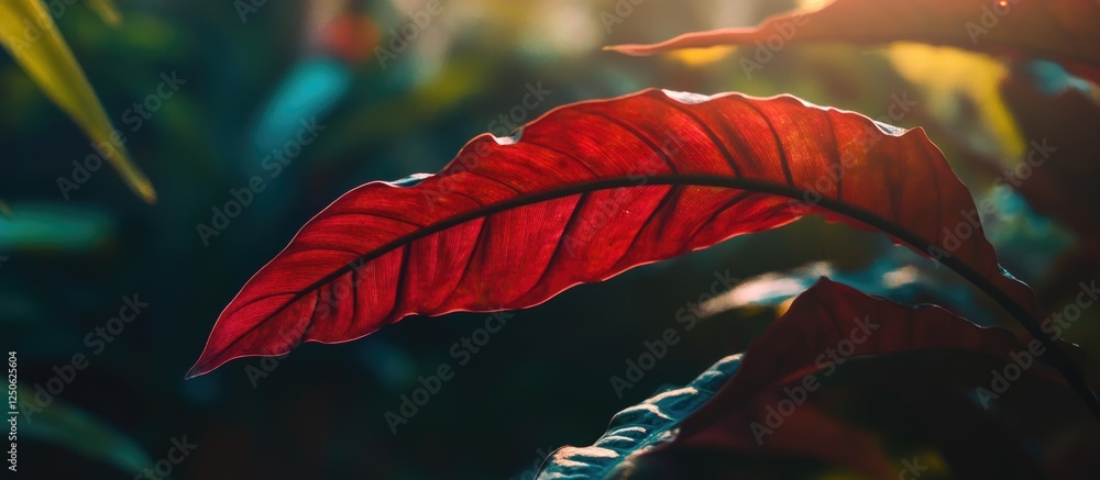 Poster vibrant red leaf in a lush garden setting with soft sunlight creating a serene and colorful nature b