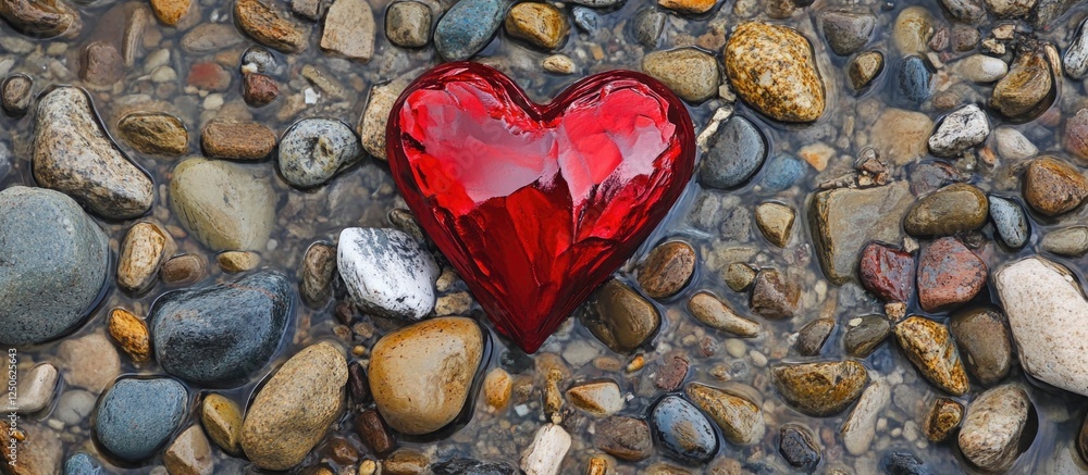 Poster red heart decoration resting on smooth pebble stones creating a serene and romantic atmosphere captu