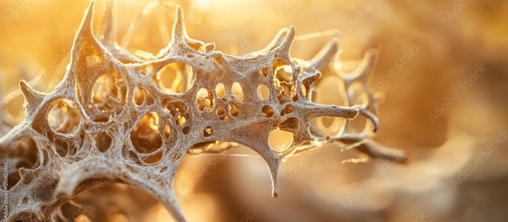 Poster intricate details of a cholla cactus skeleton against a warm golden background showcasing natural te