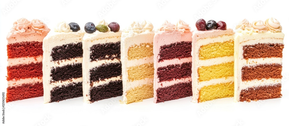 Poster assorted layer cake slices displayed on white background with variety of flavors and textures perfec