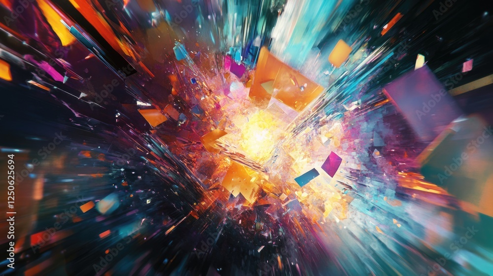 Poster abstract explosion of colorful geometric shapes demonstrating advanced qled lcd technology in a dyna
