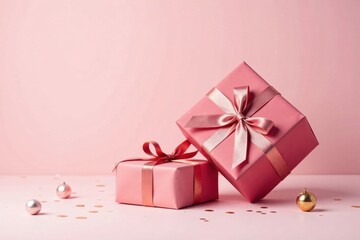 Pink presents with rose gold ribbon accents and festive confetti