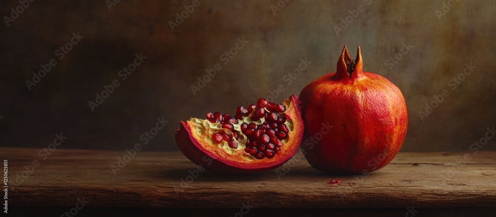 Aufkleber pomegranate fruit displayed on a rustic wooden table with a dramatic background showcasing its vibra