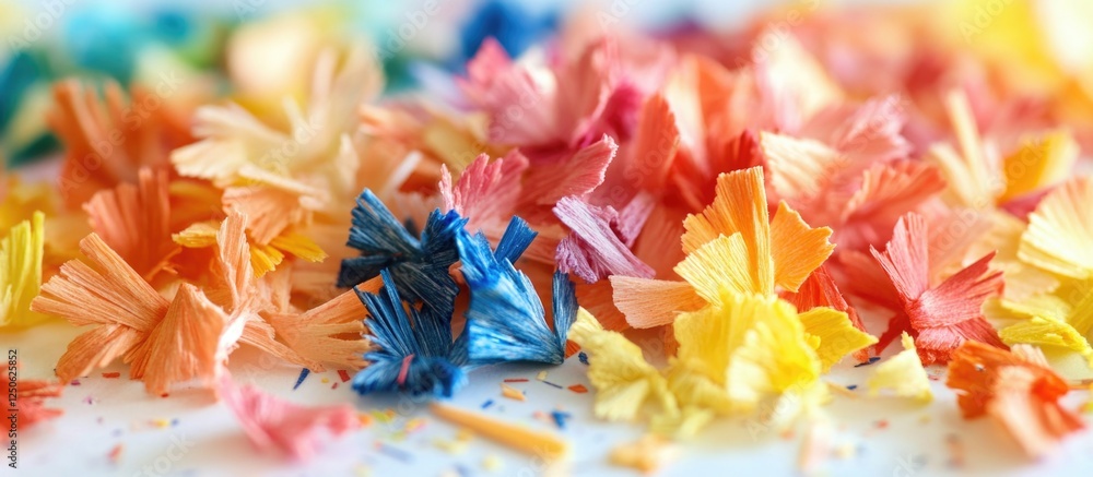 Poster colorful pencil shavings arranged artfully on white paper background creating a vibrant and textured