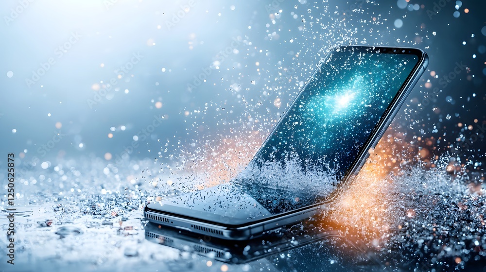 Aufkleber wet smartphone screen in storm capturing splashing raindrops and droplets on portable digital device