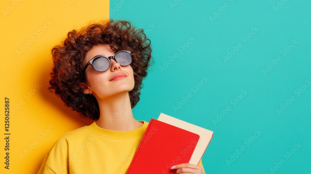 Poster vibrant academic hub youthful student with textbooks and digital devices modern collaborative learni